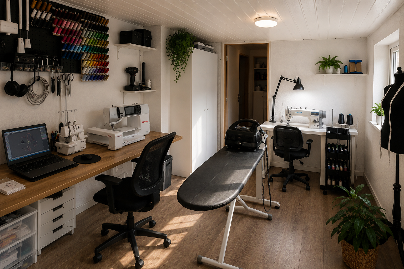 Atelier Jajeh in Salzburg: Nähwerkstatt mit BERNINA-Stickmaschine, JACK-Industrienähmaschine, Bügelstation und Arbeitsplatz