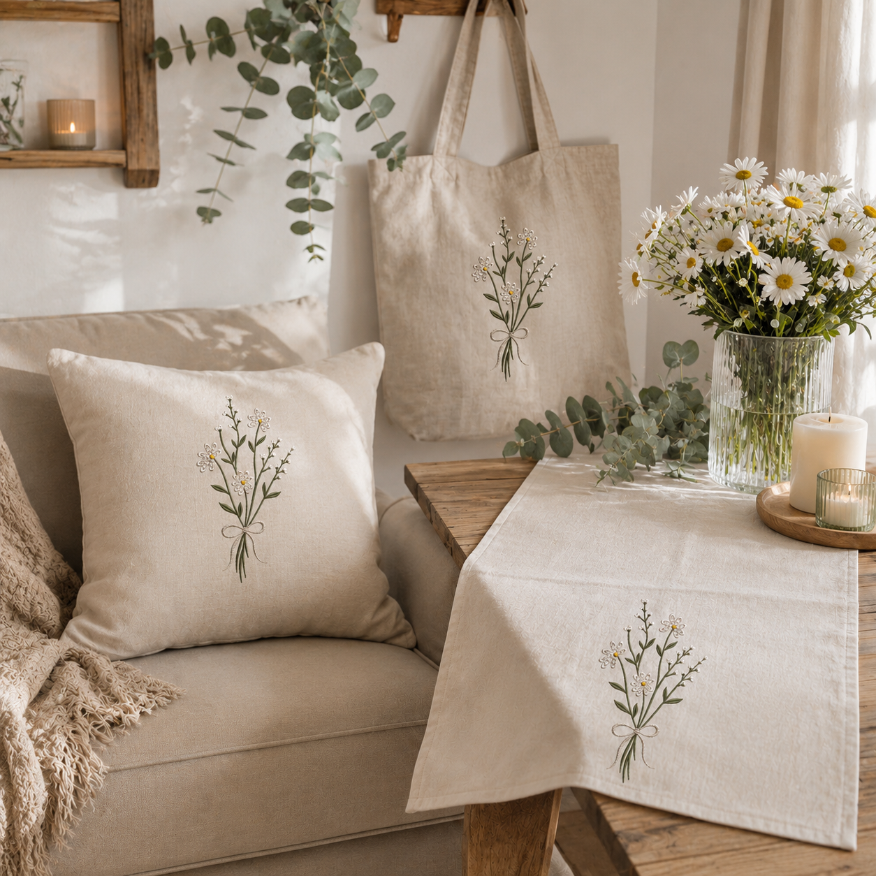 Florales Stickmotiv auf Kissen, Tasche und Tischläufer